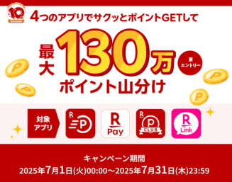 楽天、4アプリ連携で最大130万ポイント山分けキャンペーン。7月1日から